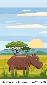 Hippo on the background of the African landscape, savanna, Cartoon style, vector illustration