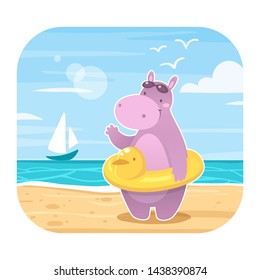 Hippo on the beach. Vector illustration.