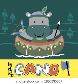 hippo on the canoe funny animal cartoon