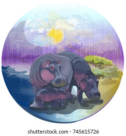 hippo on water background, vector illustration