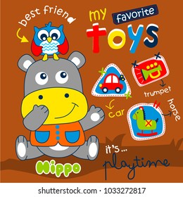 hippo and owl playing together funny animal cartoon,vector illustration