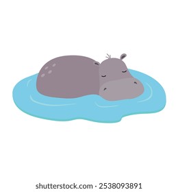 Hippo peeking out of the water, hand drawn illustration