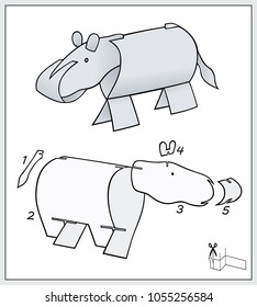 Hippo from pieces of paper. composite figure. Complex form with blueprint template. Vector illustration