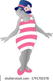 hippo in a pink bathing suit with white stripes and a blue hat on his head