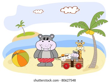 hippo play on the beach