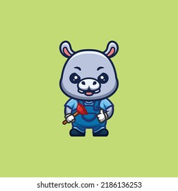 Logo de la mascota de dibujos animados creativos Kawaii de Hippo Plumber Cute