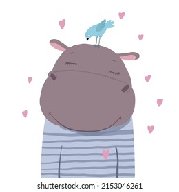 hippo portrait with bird, vector clipart, love illustration