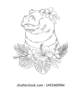 Hippo portrait with flowers hand drawn sketch. Hippopotamus with tropical flowers, leaves black ink illustration. Savanna mammal with plumeria blossom on ear engraving. Wildlife coloring book element