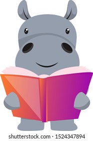 Hippo reading book, illustration, vector on white background.