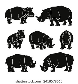 hippo and rhino silhouette vector set design