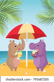 Hippo and rhino in the tropics. Vector summer illustration.