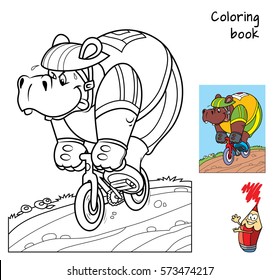 Hippo rides a bike. Coloring book. Cartoon vector illustration