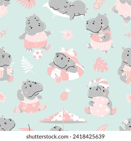 Hippo seamless pattern. Funny hippos resting and swimming. Adorable childish fabric print with cute animals. Nowaday decorative vector background