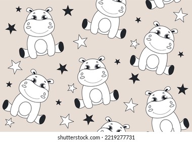 Hippo seamless pattern. Repeating graphic element for printing on fabric. African animal or toy. Poster or banner for website. Fauna and Savannah, tropical and exotic. Cartoon flat vector illustration