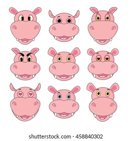 Hippo set of heads with different emotions isolated on white background in vector.