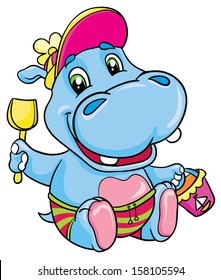 Hippo with a shovel and bucket, vector illustration