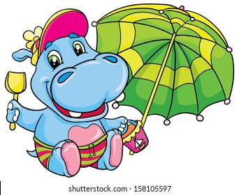 Hippo with a shovel and bucket, vector illustration