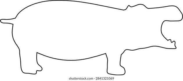 Hippo side view walking pose with wide open mouth, hand drawn outline vector illustration isolated on background. Wildlife design element for children book, print and educational projects.
