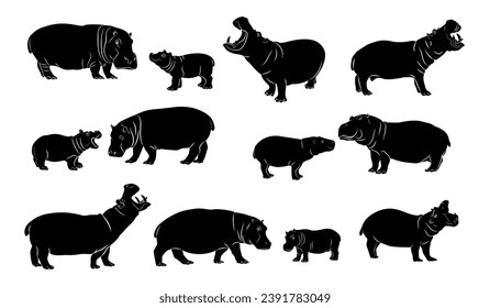 Hippo silhouette,  Hippo in different poses flat set for web design. Hippo Vector illustration, wild creature white background vector illustration collection. African animals, zoo and wildlife concept
