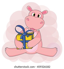 Hippo sitting and holding gift on white background in vector.