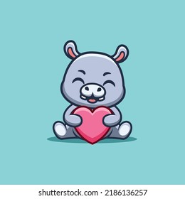 Hippo Sitting Love Cute Creative Kawaii Cartoon Mascot Logo