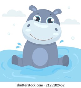 Hippo sitting on water. Friendly and welcoming character for children. Animal on vacation, hippopotamus. Picture for printing on kids clothes, nature and outdoor. Cartoon flat vector illustration
