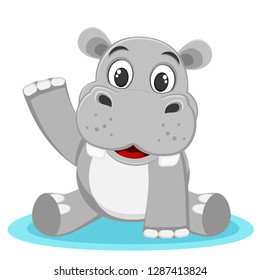 Hippo sitting in a puddle and waving his paw on a white background.