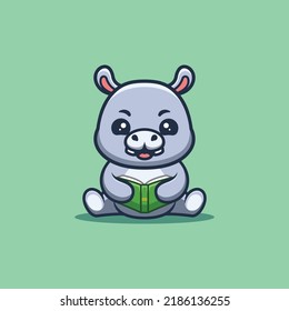 Hippo Sitting Reading Book Cute Creative Kawaii Cartoon Mascot Logo