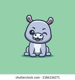 Hippo Sitting Winking Cute Creative Kawaii Cartoon Mascot Logo