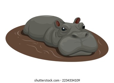 Hippo soaking in the swamp. wild animal character illustration vector