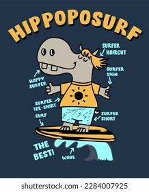 Hippo surfing with text hand drawn vector