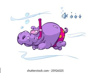 hippo swimming under water with fish