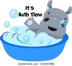 Hippo taking bath, illustration, vector on white background.