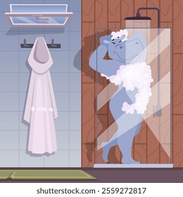 hippo taking shower. happy wild animal in shower room