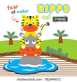 hippo and tiger playing together funny cartoon,vector illustration