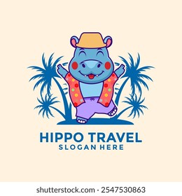 Hippo Travel Cartoon logo vetor, Mascote Hippo Traveler com design de logotipo de camisa padrão floral