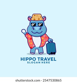 Hippo Travel Cartoon logo vetor, Mascote Hippo Traveler com design de logotipo de camisa padrão floral