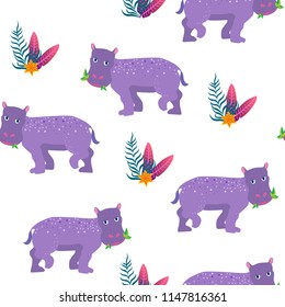 Hippo and tropical bouquet seamless pattern isolated on white background , vector