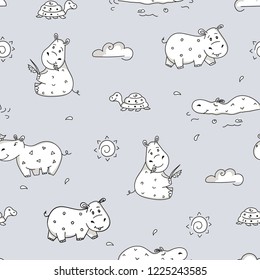 Hippo and turtle seamless pattern for kids. Vector cute animal background