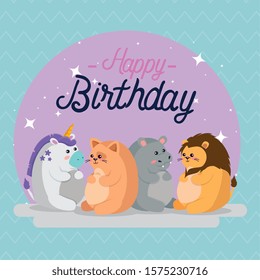 Hippo unicorn cat and lion cartoon design, happy birthday celebration decoration party festive and surprise theme Vector illustration