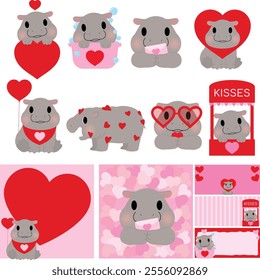 hippo Valentine clip art,
cute hippo with hearts,
Valentine hippo cartoon,
hippo love illustration