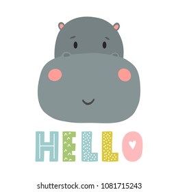 Hippo vector cartoon illustration. Cute animal poster design for greeting card, t-shirt, invitation, baby shower, birthday, room decor, print on the wall, pillow, decoration kids interior, baby wear