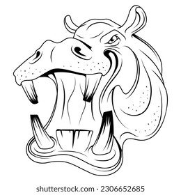 Hippo. Vector illustration of a sketch face muzzle of aggressive hippopotamus. Wild animal safari