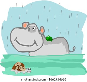 Hippo In The Water With Frog And A Tortoise