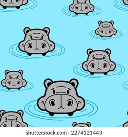 Hippo in water head pattern seamless. Ornament of kids fabric