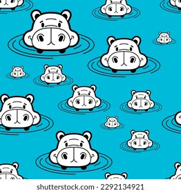 Hippo in water head pattern seamless. Ornament of kids fabric