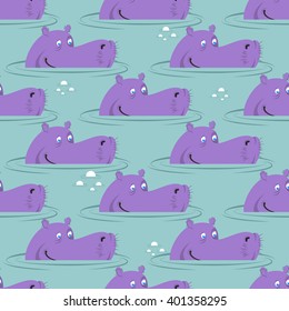 Hippo in water seamless pattern. Good hippopotamus in swamp texture. Backdrop for baby cloth. African animal ornament. Purple river horse background