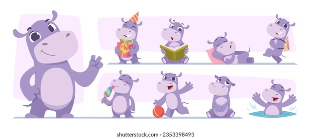 Hippo. Wild hippo cute animals in different poses exact vector cartoon characters isolated