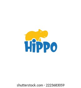 Hippo yellow-blue logotype. Hippo logo design vector silhouette illustration. Friendly retail hippo logo