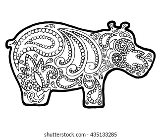 Hippo zen tangle. Animal zen doodle. Coloring book zenart. Zentangle hippopotamus